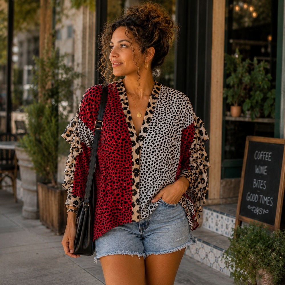 Umgee Mixed Animal Print Ruffled Sleeve Surplice Top Leopard Dalmatian Boho S